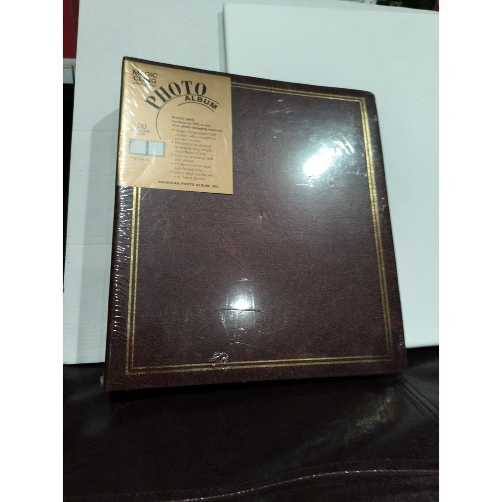 Magic CLING AMERICAN PHOTO ALBUM gold  trim 100 Gold Edge Pages Sealed 3 Ring